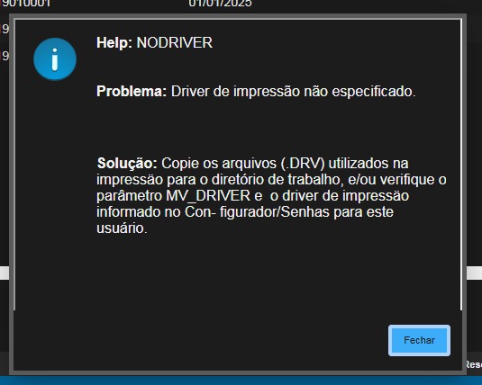ERRO NODRIVER 2 - ProtheusAdvpl